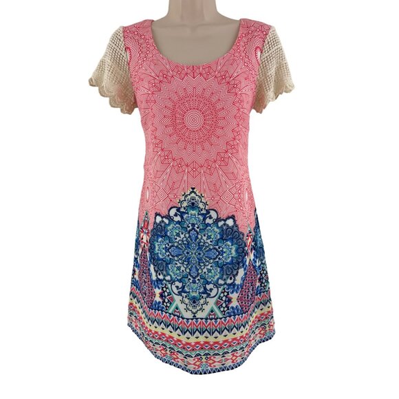 Size Small MIXED‎ PRINT DRESS CROCHET SLEEVES Spring Summer Wedding Party Church - Picture 1 of 7